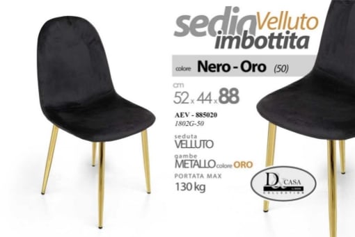 SEDIA IMBOTTITA IN VELLUTO NERO STRUTTURA IN METALLO GAMBE ORO 52X44X88 CM PORTATA MASSIMA 130 KG ELEGANTE E D'ARREDO 