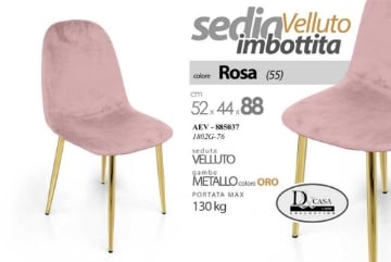 SEDIA IMBOTTITA IN VELLUTO ROSA STRUTTURA IN METALLO GAMBE ORO 52X44X88 CM PORTATA MASSIMA 130 KG ELEGANTE E D'ARREDO 