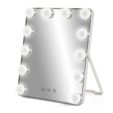 SPECCHIO 12 LED HOLLYWOOD 3 LUCI DI COLORE BIANCO, NATURALE, CALDA, REGOLABILE, INTERRUTORE TOUCH CAVO USB INCLUSO 25 X 30 CM