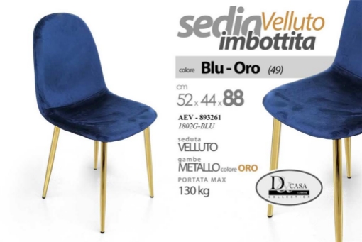 SEDIA IMBOTTITA IN VELLUTO BLU STRUTTURA IN METALLO GAMBE ORO 52X44X88