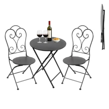 SET TAVOLO + 2 SEDIE IN METALLO GRIGIO SCURO PIEGHEVOLE PER GIARDINO