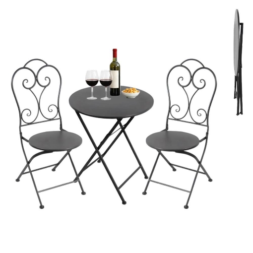 SET TAVOLO + 2 SEDIE IN METALLO GRIGIO SCURO PIEGHEVOLE PER GIARDINO