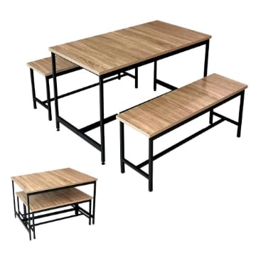 SET TAVOLO CON 2 PANCHE IN LEGNO E STRITTURA IN METALLO SCURO