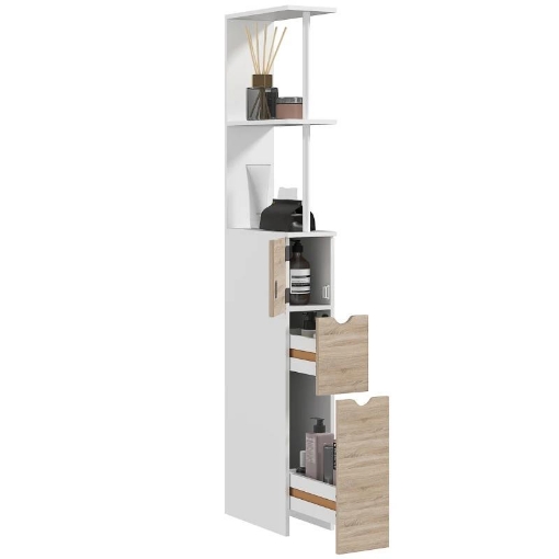 MOBILE COLONNA BAGNO SALVASPAZIO CON ARMADIETTO RIPIANI E CASSETTI 15X33X136 CM COLORE LEGNO