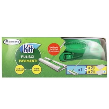 KIT PULISCI PAVIMENTI 1 SCOPA + 2 PANNI ASCIUTTI + 2 PANNI UMIDI FIBRA MORBIDA TRATTIENE LA POLVERE TUTTI I TIPI DI PAVIMENTO
