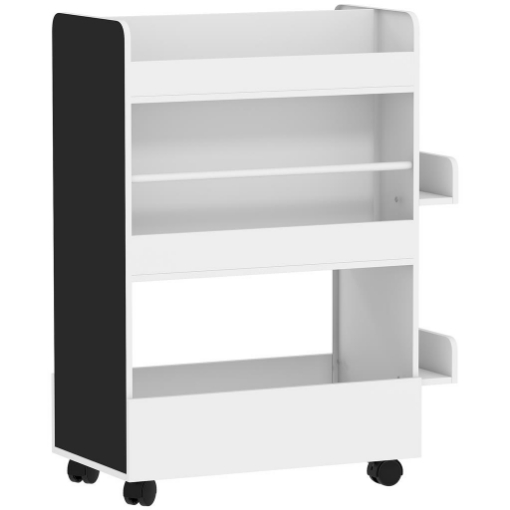 LIBRERIA PER BAMBINI 3-8 ANNI A DUE LATI, SCAFFALE PORTAGIOCHI CON RUOTE E LAVAGNA NERA, BIANCO 66.5 X 32.5 X 86.5 CM