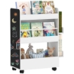 LIBRERIA PER BAMBINI 3-8 ANNI A DUE LATI, SCAFFALE PORTAGIOCHI CON RUOTE E LAVAGNA NERA, BIANCO 66.5 X 32.5 X 86.5 CM