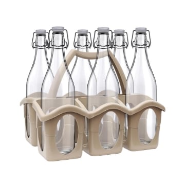 SET PORTA BOTTIGLIE IN PLASTICA + 6 BOTTIGLIE IN VETRO DA 1 LT