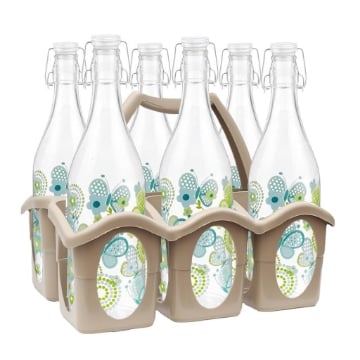 SET PORTA BOTTIGLIE IN PLASTICA + 6 BOTTIGLIE IN VETRO DA 1 LT