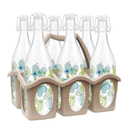 SET PORTA BOTTIGLIE IN PLASTICA + 6 BOTTIGLIE IN VETRO DA 1 LT