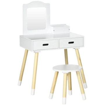 SET TOELETTA PER BAMBINI CON TAVOLO TRUCCO E SGABELLO SPECCHIO E 2 CASSETTI BIANCO E COLORE LEGNO