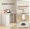 SCRIVANIA PER CAMERA RICURVA CON 6 RIPIANI E 4 SCAFFALI REGOLABILI, IN ACCIAIO E LEGNO, 100X59X75.5 CM, BIANCO