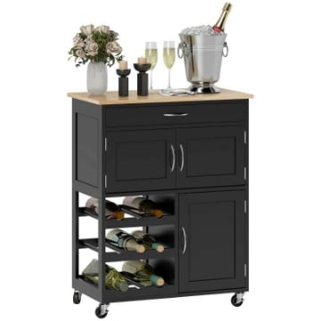 CARRELLO DA CUCINA IN LEGNO CON PORTABOTTIGLIE 3 ANTE E CASSETTO 67X37X87 CM NERO E ROVERE