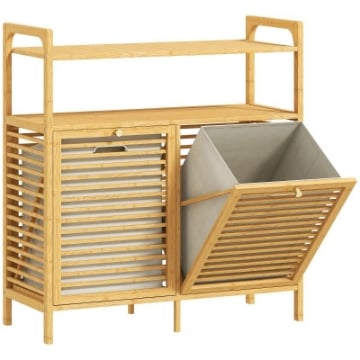 MOBILE PORTABIANCHERIA CON 2 CESTI DA 41L E 2 RIPIANI, IN BAMB¨ E POLIESTERE, 82X33X88 CM, COLOR LEGNO E CREMA