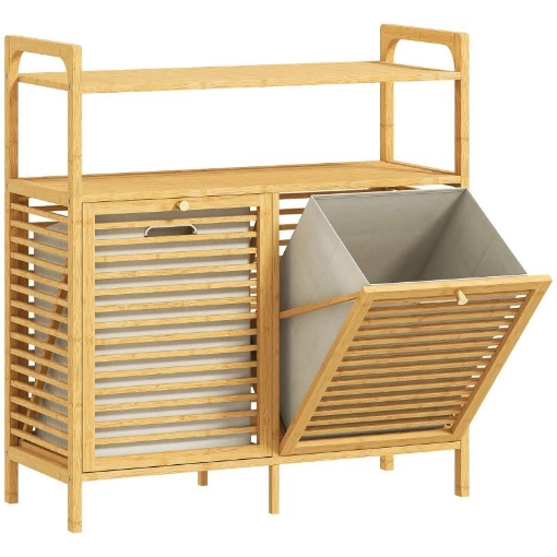 MOBILE PORTABIANCHERIA CON 2 CESTI DA 41L E 2 RIPIANI, IN BAMB¨ E POLIESTERE, 82X33X88 CM, COLOR LEGNO E CREMA