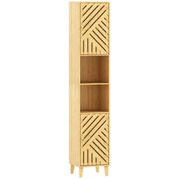 MOBILE COLONNA BAGNO CON 2 ARMADIETTI E 2 RIPIANI CON SCAFFALE REGOLABILE, IN BAMB¨ E TRUCIOLATO, 32X30X170 CM