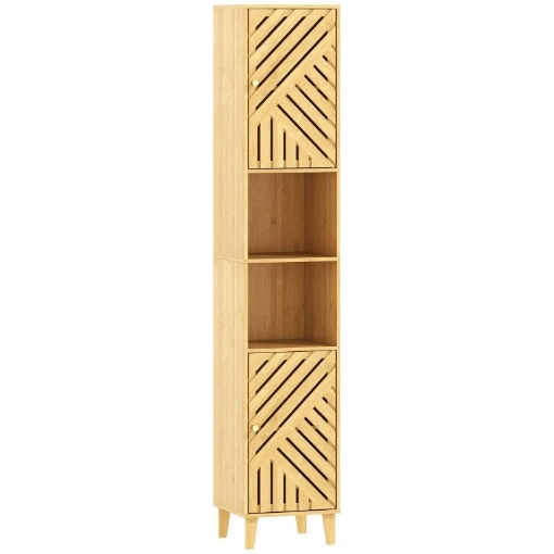 MOBILE COLONNA BAGNO CON 2 ARMADIETTI E 2 RIPIANI CON SCAFFALE REGOLABILE, IN BAMB¨ E TRUCIOLATO, 32X30X170 CM