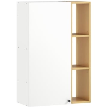 ARMADIETTO BAGNO A PARETE CON RIPIANI REGOLABILI E 3 MENSOLE APERTE, 59.5X30X90 CM, BIANCO E LEGNO