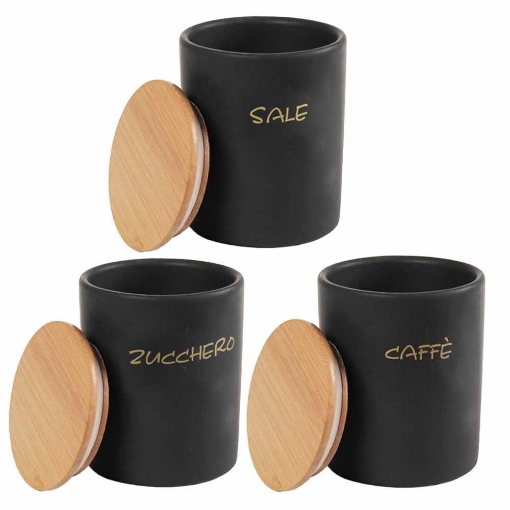 CoorFomer Set Di 3 Barattoli In Ceramica Con Coperchi In Legno Ermetici - Colore Nero Per Cucina - 4