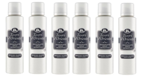SET 6 CONFEZIONI TESORI D'ORIENTE DEODORANTE SPRAY MUSCHIO BIANCO DA 150 ML 