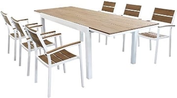SET TAVOLO CAYMAN ALLUNGABILE CON 6 POLTRONE IN TEAK BIANCO E NATURALE