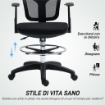 SEDIA GIREVOLE CON ANELLO POGGIAPIEDI E SCHIENALE RICURVO IN POLIESTERE SCHIUMA E PLASTICA 55X58X94 CM NERO