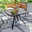 TAVOLO DA GIARDINO QUADRATO A 4 POSTI CON PIANO IN VETRO E FORO PER OMBRELLONE Ø 54 MM NERO