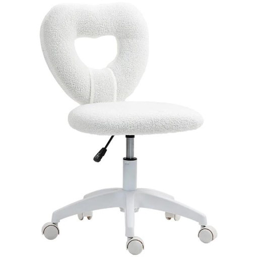 SEDIA DA UFFICIO IMBOTTITA CON SCHIENALE A CUORE E ROTELLE IN VELLUTO TEDDY E PLASTICA 45X56X78-88 CM BIANCO