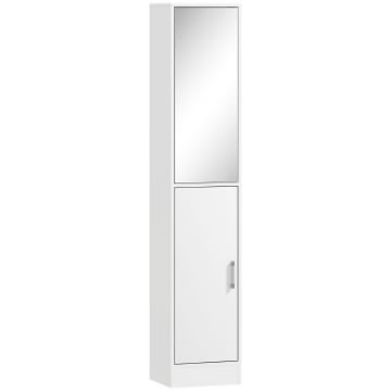 MOBILE COLONNA BAGNO IN LEGNO A 5 RIPIANI CON ANTA A SPECCHIO APRIBILE, 32X28X162 CM, BIANCO