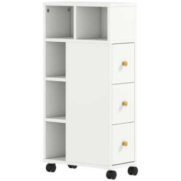 MOBILETTO BAGNO SALVASPAZIO CON RUOTE, 3 CASSETTI E 5 VANI CON RIPIANI REGOLABILI, 20X40X80 CM, BIANCO
