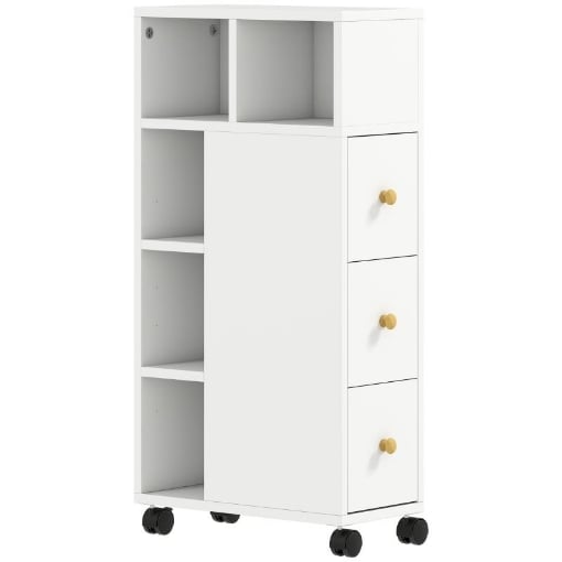 MOBILETTO BAGNO SALVASPAZIO CON RUOTE, 3 CASSETTI E 5 VANI CON RIPIANI REGOLABILI, 20X40X80 CM, BIANCO