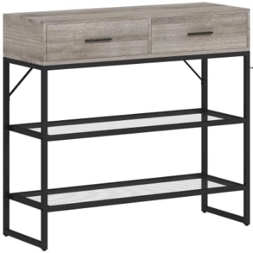 CONSOLLE DA INGRESSO CON 2 CASSETTI, 2 RIPIANI E GANCIO LATERALE, IN LEGNO E METALLO, 100X35X92 CM, NERO E LEGNO