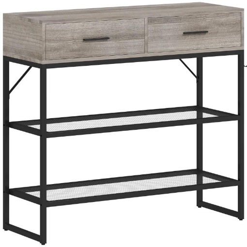 CONSOLLE DA INGRESSO CON 2 CASSETTI, 2 RIPIANI E GANCIO LATERALE, IN LEGNO E METALLO, 100X35X92 CM, NERO E LEGNO