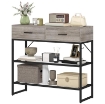 CONSOLLE DA INGRESSO CON 2 CASSETTI, 2 RIPIANI E GANCIO LATERALE, IN LEGNO E METALLO, 100X35X92 CM, NERO E LEGNO