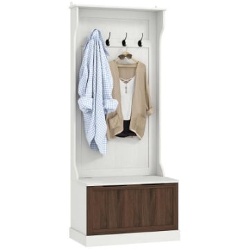 MOBILE APPENDIABITI 3 IN 1 CON 4 GANCI E PANCA CONTENITORE IN LEGNO 71.5X39.5X170 CM BIANCO