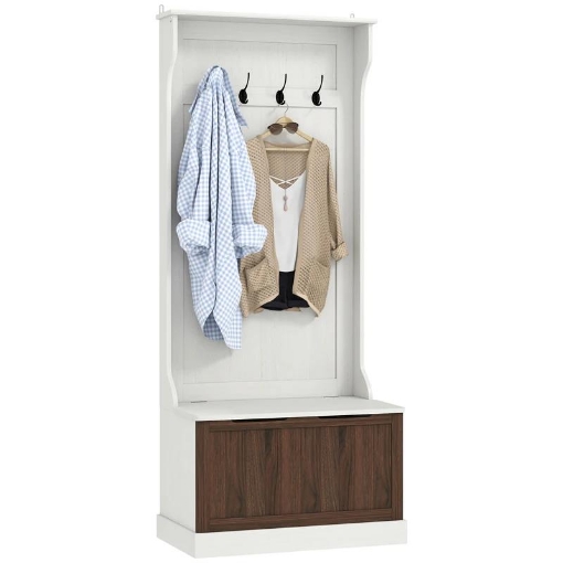 MOBILE APPENDIABITI 3 IN 1 CON 4 GANCI E PANCA CONTENITORE IN LEGNO 71.5X39.5X170 CM BIANCO