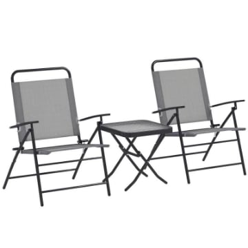 SET DA GIARDINO CON TAVOLO CON PIANO IN VETRO E 2 SEDIE PIEGHEVOLI CON SCHIENALE REGOLABILE GRIGIO
