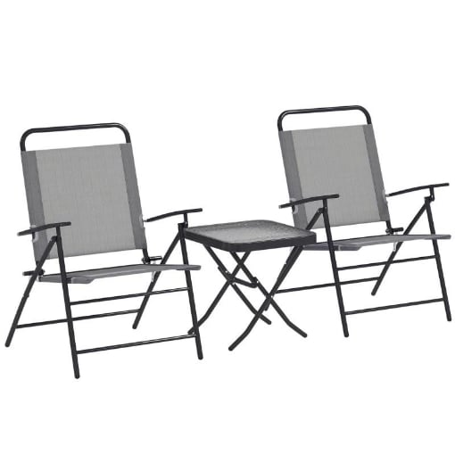 SET DA GIARDINO CON TAVOLO CON PIANO IN VETRO E 2 SEDIE PIEGHEVOLI CON SCHIENALE REGOLABILE GRIGIO