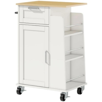 CARRELLO DA CUCINA CON CASSETTO, ARMADIETTO, PORTASCIUGAMANI E 3 PORTASPEZIE, IN LEGNO, 62X40X87 CM, BIANCO