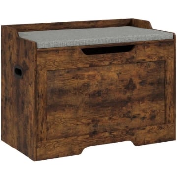 PANCA CONTENITORE DA 103L MULTIFUNZIONE COLOR LEGNO CON CUSCINO IN TESSUTO GRIGIO, 75X40X56 CM