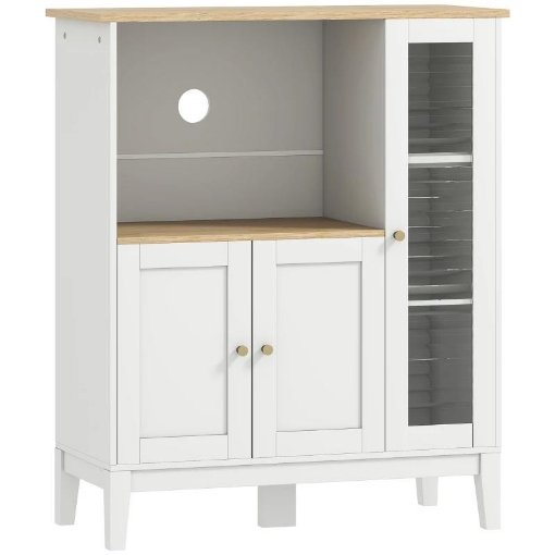MOBILE MICROONDE CON ARMADIETTO INFERIORE E 3 RIPIANI LATERALI CON ANTA IN VETRO, IN LEGNO, 80X35X97 CM, BIANCO