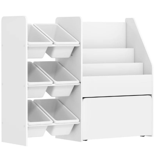 SCAFFALE PORTAGIOCHI CON 6 CESTI, 3 RIPIANI E BOX INFERIORE, IN LEGNO, PLASTICA E ACCIAIO, 100X30X80 CM, BIANCO