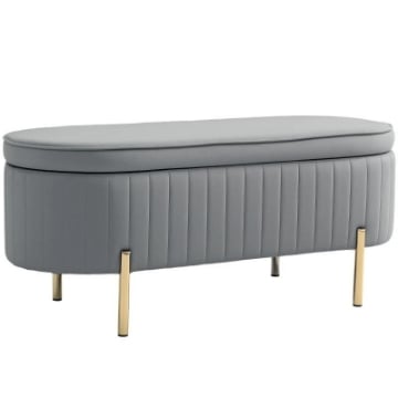 PANCA CONTENITORE OVALE DA 72L CON COPERCHIO SOLLEVABILE, IN TESSUTO VELLUTATO E LEGNO, 108X44X43.5 CM, GRIGIO