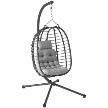 SEDIA SOSPESA IN RATTAN A UOVO CON CUSCINO E POGGIATESTA ALTEZZA REGOLABILE E SEDUTA RICHIUDIBILE GRIGIO