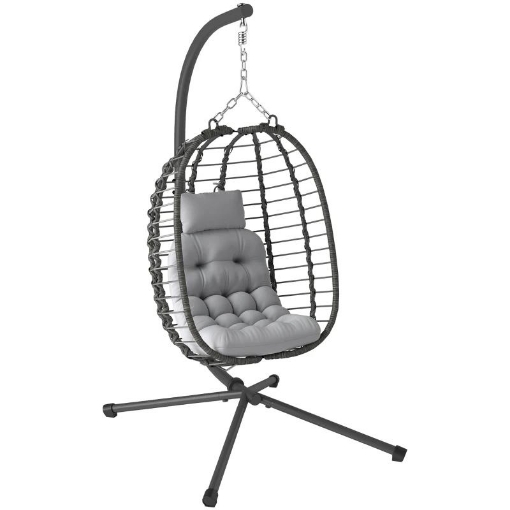 SEDIA SOSPESA IN RATTAN A UOVO CON CUSCINO E POGGIATESTA ALTEZZA REGOLABILE E SEDUTA RICHIUDIBILE GRIGIO