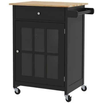 CARRELLO CUCINA CON CASSETTO ARMADIETTO REGOLABILE E PORTASCIUGAMANI IN LEGNO 67X48X86.5 CM NERO E ROVERE