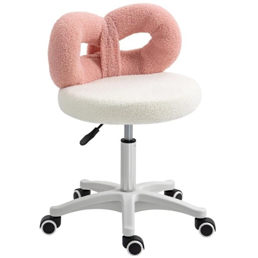 SGABELLO GIREVOLE AD ALTEZZA REGOLABILE CON SCHIENALE AD ARCO, IN TESSUTO TEDDY, 50X50X63-77 CM, BIANCO E ROSA