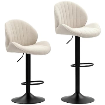 SET 2 SGABELLI DA BAR A CONCHIGLIA CON POGGIAPIEDI, IN TESSUTO EFFETTO CINIGLIA, 48X50X94-115 CM, NERO E BEIGE