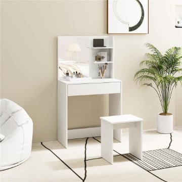 TAVOLO DA TRUCCO A 3 RIPIANI E CASSETTI CON SPECCHIO E SGABELLO, IN TRUCIOLATO, 75X40X137 CM, BIANCO