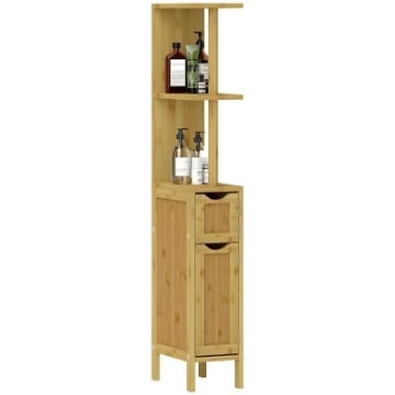COLONNA BAGNO CON RIPIANI APERTI E ARMADIETTI CON ANTE MAGNETICHE, 18X30X120 CM, COLORE LEGNO